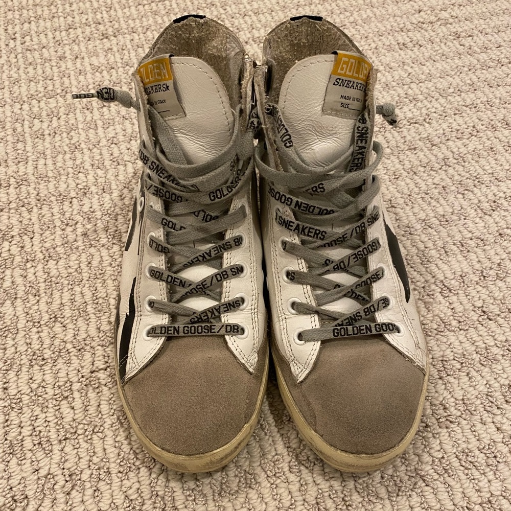Francy distressed printed leather and suede high-top sneakers